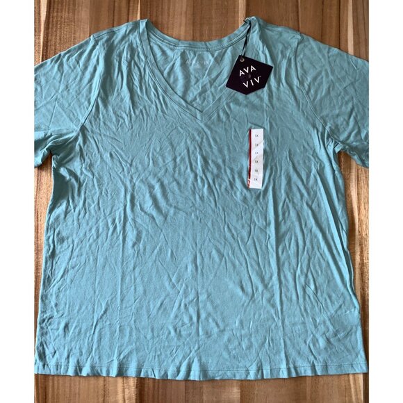 Ava & Viv Womens Light Teal V-Neck Casual Short Sleeves T-Shirt Plus Size 1X - Picture 1 of 10